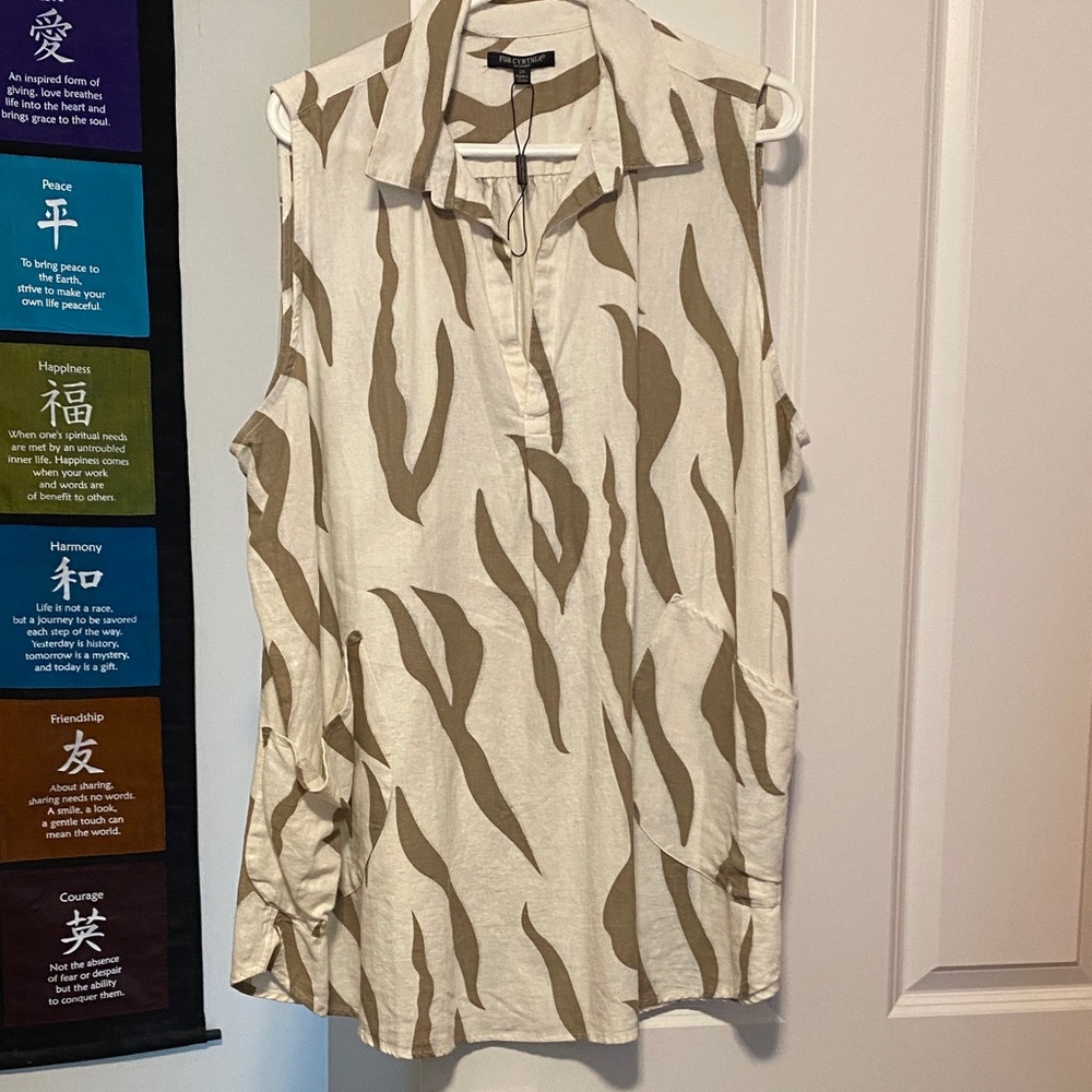 For Cynthia Sleeveless Linen Tan and Cream Blouse